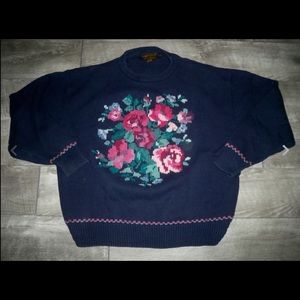 Vintage Eddie Bauer Women's Knit Blue Floral Flowers Sweater Jumper Size XLarge